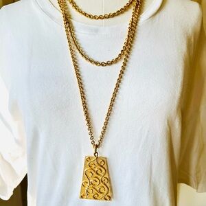 1960’s Trifari Double Chain Necklace With Scroll Panel Pendant.